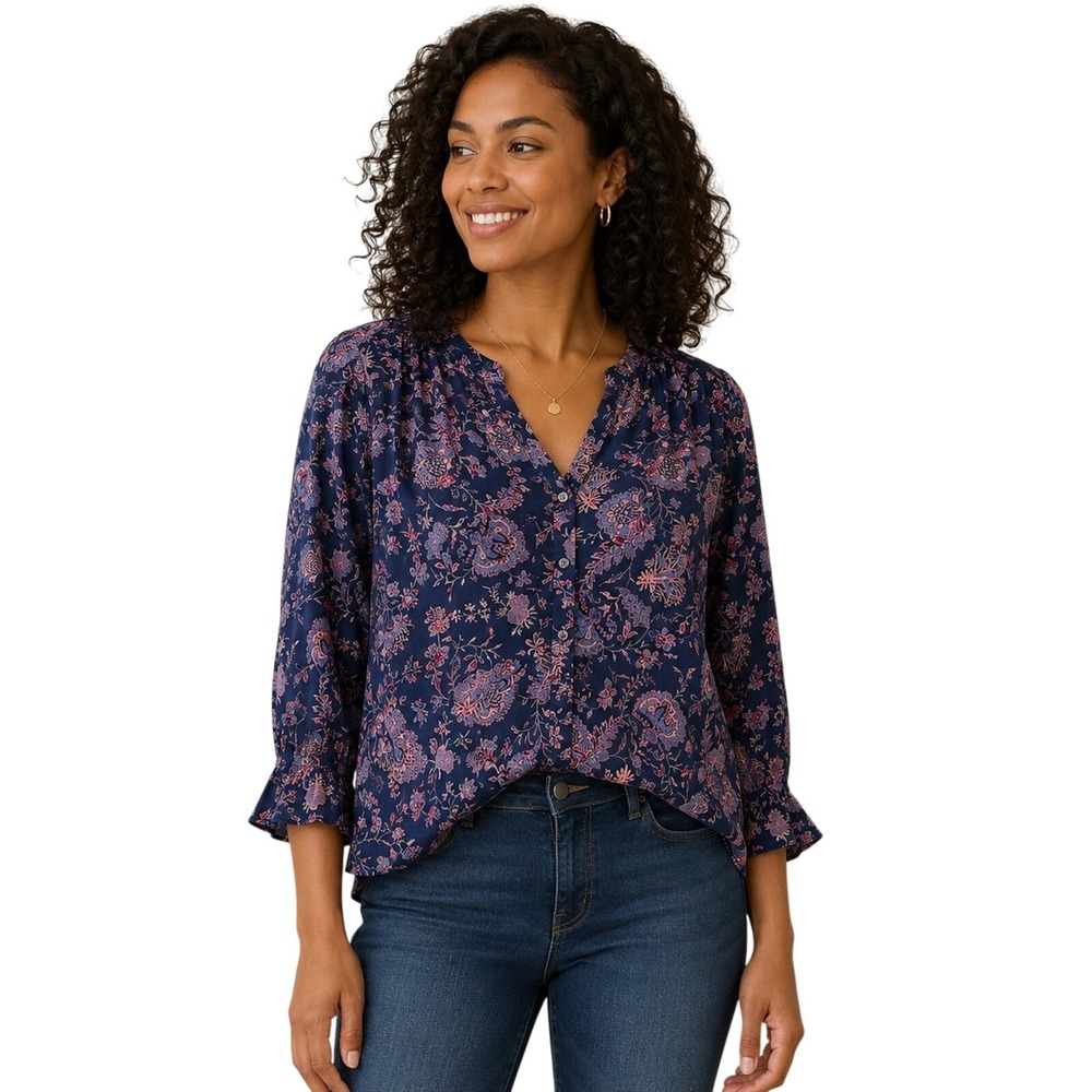 Nine West Floral Paisley High Low Blouse Navy Pink Purple LARGE